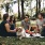 Friends having a picnic at the park with their dog